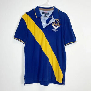 Tommy Hilfiger Polo Shirt Mens Size Large Blue Embroidered Crest Yellow Slim Fit